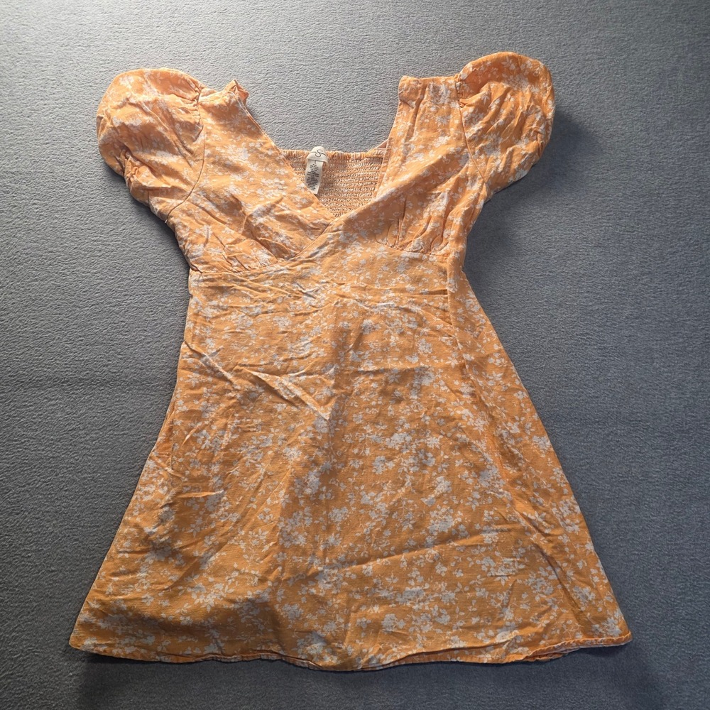 Babydoll Dress Womens L Orange Floral Cottagecore Puff Sleeve Jessica Simpson